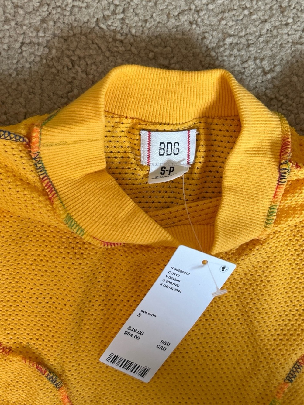 BDG Yellow Cropped Mesh Top with Multicolor Contrast Stitching - Picture 4 of 5